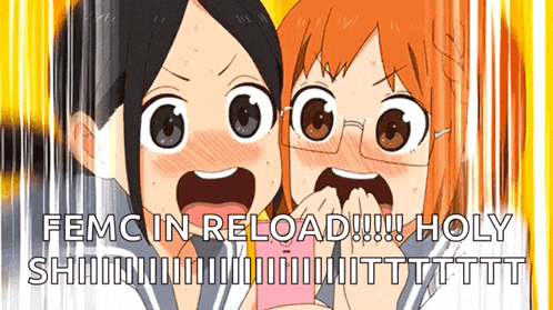 a cartoon of two girls with their mouths open and the words femc in reload written below them