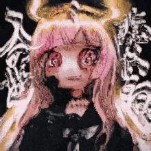 a painting of a girl with pink hair and a skull in the background