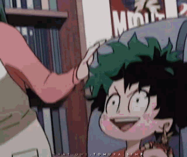 a person is touching a child 's head in a cartoon .