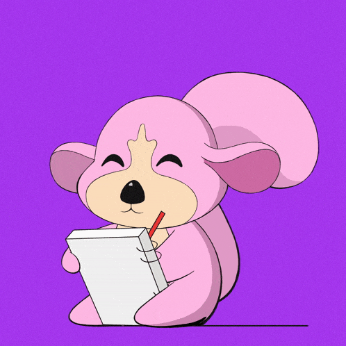 a pink cartoon squirrel drinking a milkshake with a red straw