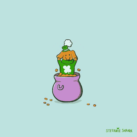 a cartoon of a dog wearing a leprechaun sweater standing out of a pot of gold