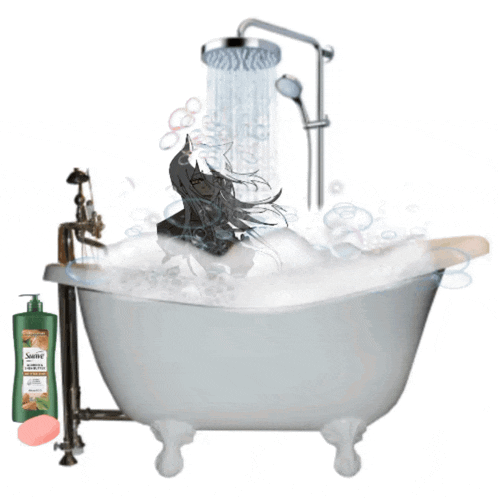 a bathtub filled with foam and a bottle of saint soap