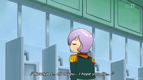 a cartoon of a girl with purple hair says newtypes all of you i hope you die