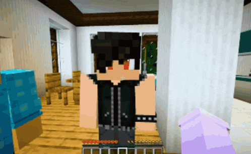 a boy in a black vest is standing in a room in a minecraft game