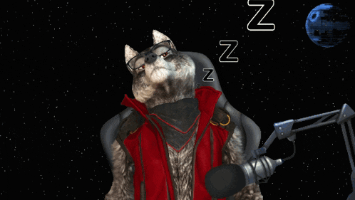 a cat in a red vest is sleeping in front of a microphone in space