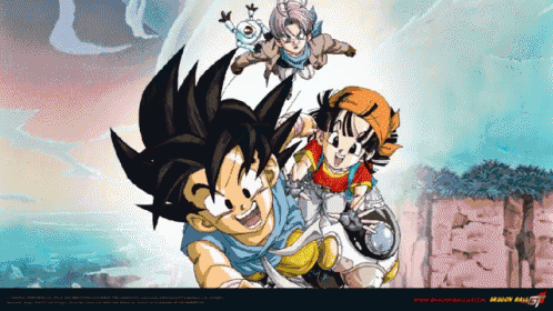 a cartoon drawing of a boy and two girls with the website www.dragonballgt.com at the bottom