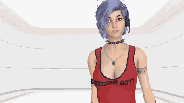 a woman with purple hair is wearing a red tank top that says ' i 'm a girl ' on it