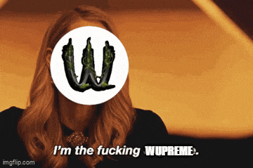 a woman says i 'm the fucking wupreme in front of a monster logo