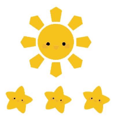 a sun with a face and three stars with faces on them .