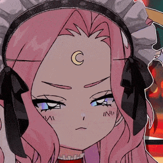 a pink haired anime girl with a crescent moon on her forehead