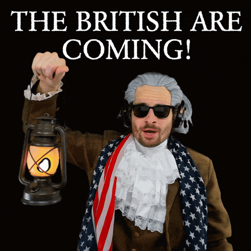 a man holding a lantern with the words the british are coming