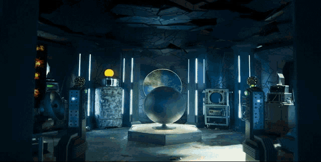 a room with a globe on a pedestal and a few lights on the walls