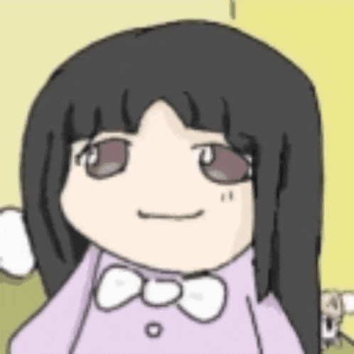 a cartoon of a girl with long black hair wearing a purple shirt and bow tie .
