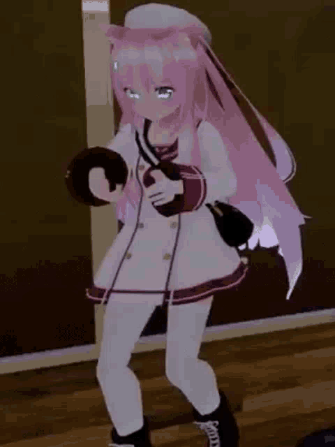 a 3d anime girl with pink hair and green eyes is standing on a wooden floor holding a bag .