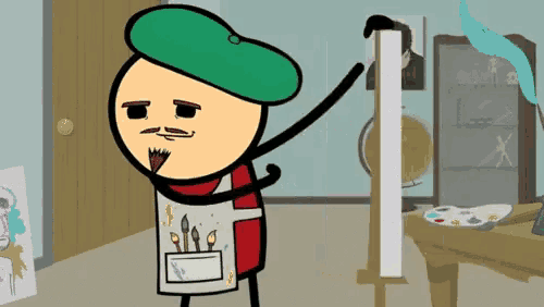 a cartoon of a man wearing a green hat and an apron