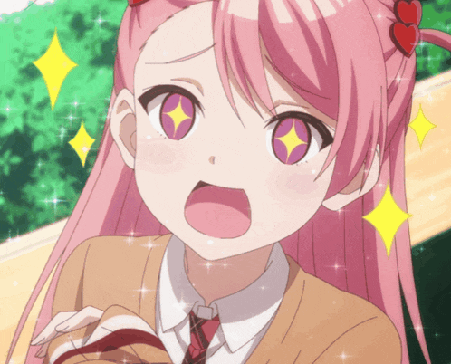 a girl with pink hair and purple eyes