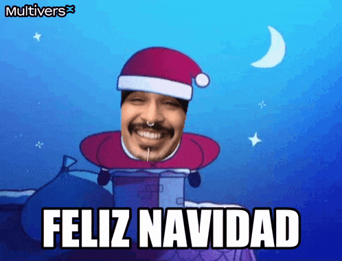 a man in a santa hat says feliz navidad on a blue background