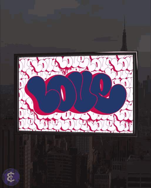 a billboard that says love on it in red and blue