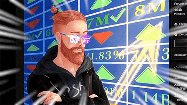 a man with a beard is standing in front of a wall with numbers like 8m