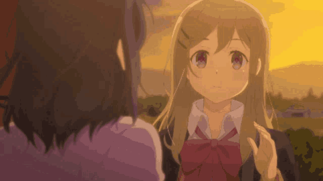 two anime girls are standing next to each other with the sun setting in the background