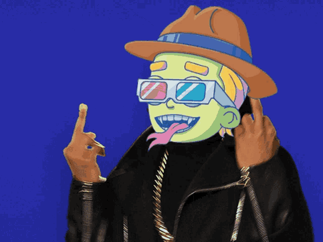 a cartoon character wearing a hat and 3d glasses is giving the middle finger