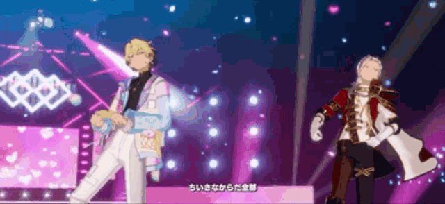 two anime characters are dancing on a stage with a purple background