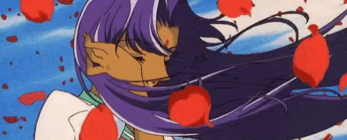a girl with purple hair is surrounded by red petals .