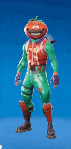a cartoon character with a tomato head is standing on a blue background in a video game .
