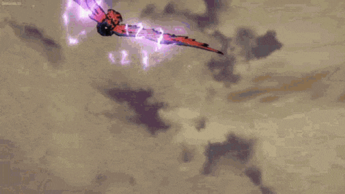 a red and blue parrot is flying through the air with purple lightning coming out of its wings .