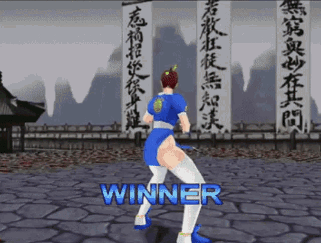 a video game screen shows a woman in a blue outfit and the words winner