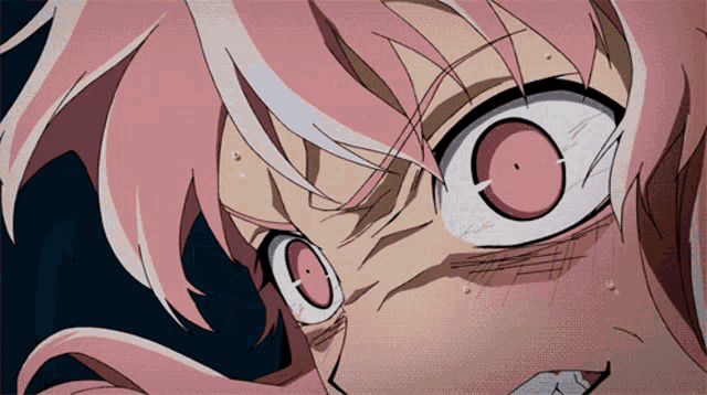 a close up of a pink haired anime character 's face