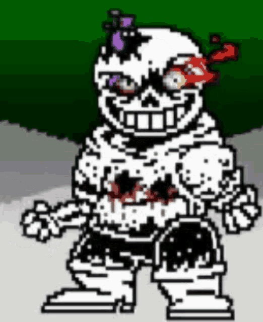 a pixel art of a skeleton with a purple flower on his head standing in front of a tree .