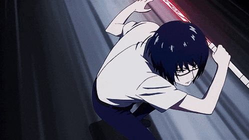 a man with glasses is holding a sword with a red light coming out of it