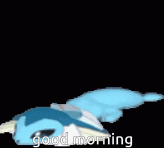 a pixel art of a blue eevee with the words good morning written below it .