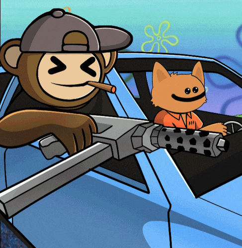 a cartoon monkey is holding a gun next to a cat
