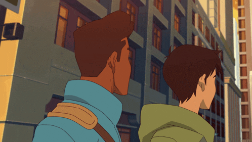 a cartoon drawing of two men standing in front of a building