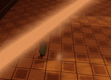 a person standing on a tiled floor with a light coming from the right