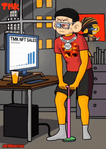 a cartoon of a man pumping his feet in front of a computer screen that says tmk nft sales on it