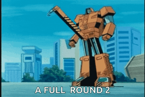 a robot is standing in front of a city with the words a full round 2 below it