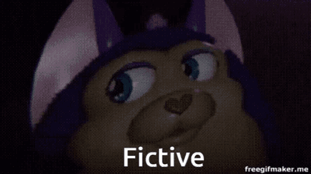 a close up of a stuffed animal with the word fictive on the bottom