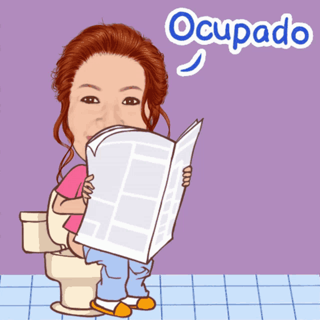 a cartoon of a woman sitting on a toilet reading a newspaper with the word ocupado written below her