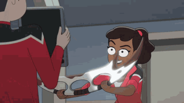 a cartoon character is holding a sword in her hands