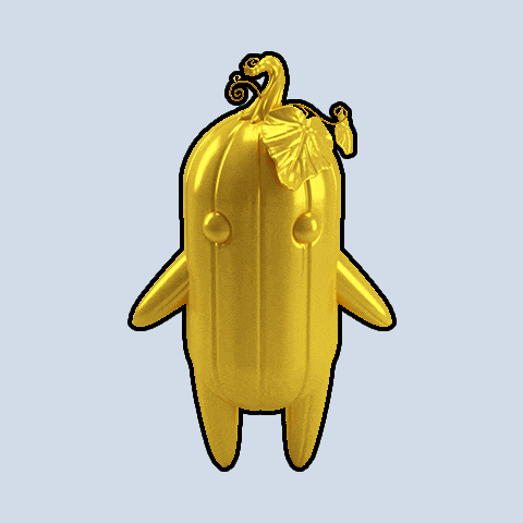a gold cartoon character with a leaf on its head
