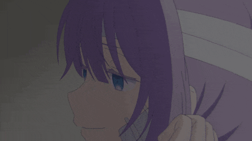 a girl with purple hair and blue eyes has a bandage around her head