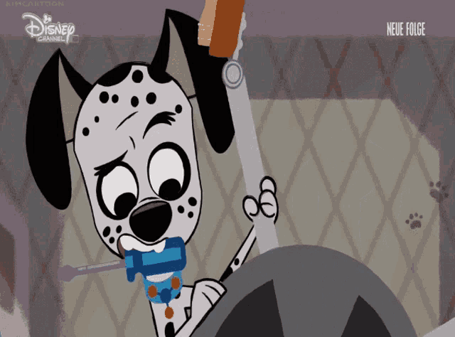 a dalmatian dog with a screwdriver in its mouth is on a disney channel ad