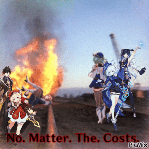a group of anime characters are standing in front of a fire and the words no matter the costs