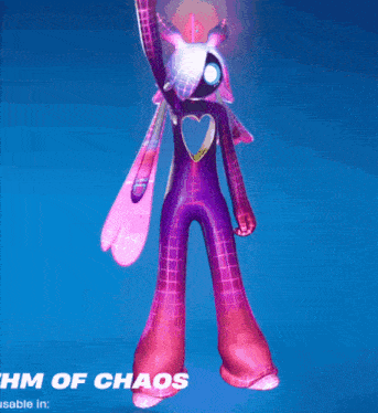 a purple and pink cartoon character with a heart in his chest and the words hm of chaos below it