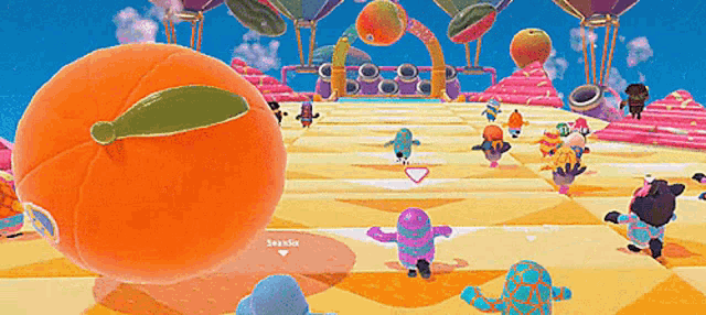 a group of cartoon characters are playing a video game with a large orange ball in the middle