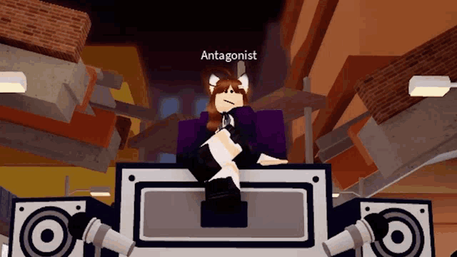 a cartoon character named antagonist is sitting on a podium in a video game