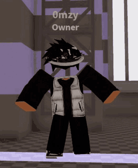 a minecraft character is standing in a room with a purple wall and a sign that says omzy owner .
